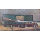 Large framed oil on canvas of a shotgun and case, Valmair Gallery Battlesbridge sticker to