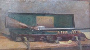 Large framed oil on canvas of a shotgun and case, Valmair Gallery Battlesbridge sticker to