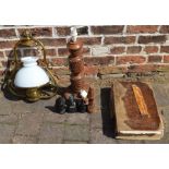 Hanging paraffin lamp, Georgian bible (with cellophane covering), carved wooden lamp, 3 carved