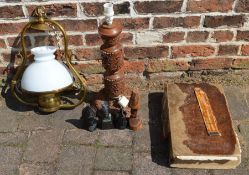 Hanging paraffin lamp, Georgian bible (with cellophane covering), carved wooden lamp, 3 carved