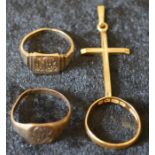 22ct gold wedding band (1.5g), 9ct gold crucifix (1.6g), 9ct gold ring (2.3g) & another ring