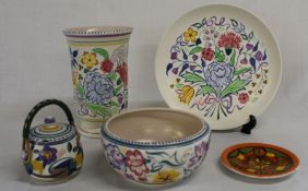 Poole pottery floral decorated vase (21cm) plate (25.5cm dia.) bowl (17cm dia.), preserve pot with