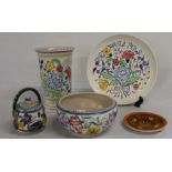 Poole pottery floral decorated vase (21cm) plate (25.5cm dia.) bowl (17cm dia.), preserve pot with