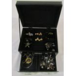 Small jewellery box with silver chains, rolled gold brooch and various costume jewellery