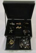 Small jewellery box with silver chains, rolled gold brooch and various costume jewellery