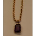 9ct gold rope necklace 8.6g with 13ct gemstone possibly a violet sapphire set in a 14k gold mount