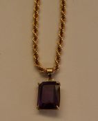 9ct gold rope necklace 8.6g with 13ct gemstone possibly a violet sapphire set in a 14k gold mount