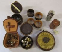 Various leather items inc stud boxes containing military buttons and cufflinks, lawn tennis measure,