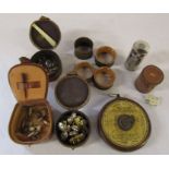 Various leather items inc stud boxes containing military buttons and cufflinks, lawn tennis measure,