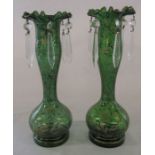 Pair of Victorian green glass lustre vases with gilt decoration (there is a fold in the neck of