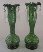 Pair of Victorian green glass lustre vases with gilt decoration (there is a fold in the neck of