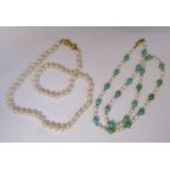 String of pearls and turquoise beads with 14ct gold clasp L 46 cm & string of pearls, individually