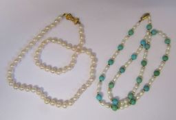 String of pearls and turquoise beads with 14ct gold clasp L 46 cm & string of pearls, individually
