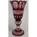 Large ruby overlay cut glass vase 50cm in height