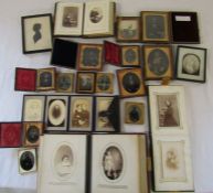 Collection of Victorian daguerreotype photographic portraits in frames (most with names and dates