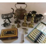 Various copper and brassware inc pair of candlesticks and kettle, cased fish knives and forks &