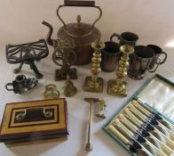 Various copper and brassware inc pair of candlesticks and kettle, cased fish knives and forks &