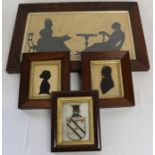 3 19th century silhouettes & a framed coat of arms