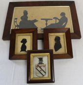 3 19th century silhouettes & a framed coat of arms