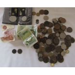 Assorted coins and bank notes inc George II farthing and a George III coin