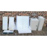 As new, mirror front bathroom wall cabinet & 2 other bathroom cabinets.  Bathroom shelves & 2