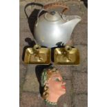 Pair of brass chambersticks, Art Deco wall mask (some repair) & a very large aluminium NAAFI kettle