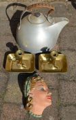 Pair of brass chambersticks, Art Deco wall mask (some repair) & a very large aluminium NAAFI kettle
