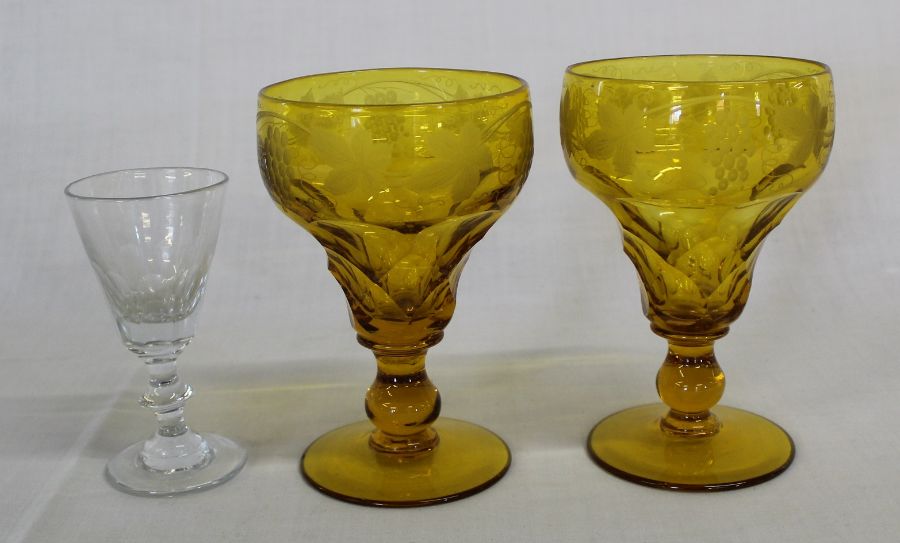 Pair of amber glass rummers with etched fruiting vine decoration & a 19th century deceptive wine