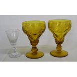 Pair of amber glass rummers with etched fruiting vine decoration & a 19th century deceptive wine