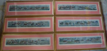 Set of 6 framed hunting prints each 67cm by 23cm