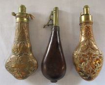 2 copper powder flasks inc G & J W Hawksley Sheffield & one other