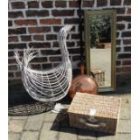 Large wicker goose, copper warming pan, mirror and picnic basket