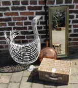 Large wicker goose, copper warming pan, mirror and picnic basket