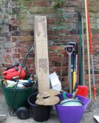 Selection of garden tools, trolley, airer etc.