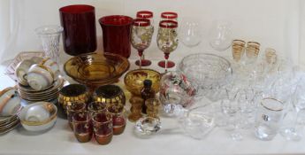 Selection of glassware, ruby glass vases, Japanese tea set (3 boxes)
