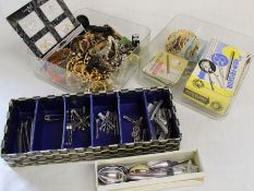 Selection of costume jewellery, silver plated teaspoons, small brass cup, velvet cased necessaire,