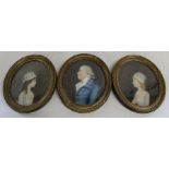 3 early 18th century oval pastel portraits with name details on reverse 30.5cm x 25cm (damage to one