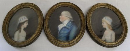 3 early 18th century oval pastel portraits with name details on reverse 30.5cm x 25cm (damage to one