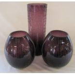 3 Royal Doulton hand made purple glass vases H 40 cm x and 25 cm