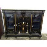 Late Victorian ebonised & gilded mahogany credenza with ivory inlay to the central door, two