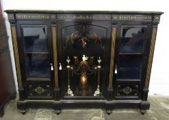 Late Victorian ebonised & gilded mahogany credenza with ivory inlay to the central door, two