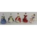 5 Royal Doulton figurines:- Adrienne HN2304, Elegance HN2264, Southern Belle HN2229, Winsome