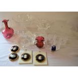 Various items of glassware including cranberry & 4 cameo style wall plaques