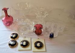 Various items of glassware including cranberry & 4 cameo style wall plaques