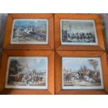 Set of 4 Victorian aquatint prints 'The Jolly Old Squire' in deep birds eye maple frames, painted by