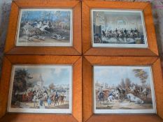 Set of 4 Victorian aquatint prints 'The Jolly Old Squire' in deep birds eye maple frames, painted by