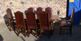 Oak dining table and 8 chairs inc 2 carvers (extends to L 194 cm W 104 cm)