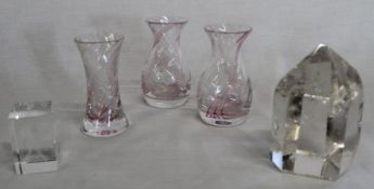 3 x Caithness crystal vases, quartz crystal, glass paperweight