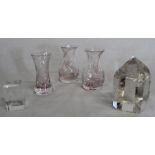 3 x Caithness crystal vases, quartz crystal, glass paperweight