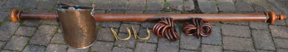 Victorian wooden cornice pole with rings & tie backs (damage to finials) and a copper coal bucket